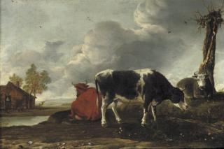 Anthonie Van Borssom - Cattle on a riverbank with a cottage beyond