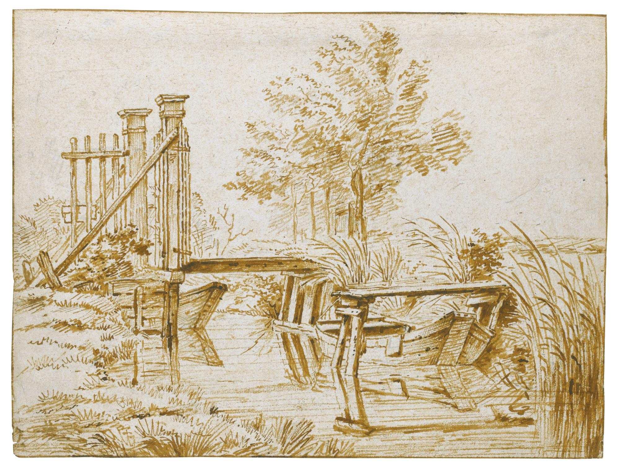 Anthonie van Borssum - A Bridge Across A Small Canal, With Moored Boats