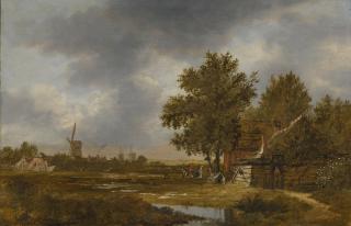 Anthonie Van Borssum - A Haarlem Landscape With Figures Working In The Bleaching Fields, A Village And Windmills Beyond