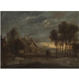 Anthonie van Borssum - A River Landscape At Sunset With Figures Conversing Before A House