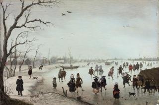 Anthonie Verstraelen - A winter landscape with figures skating and making merry on a frozen river