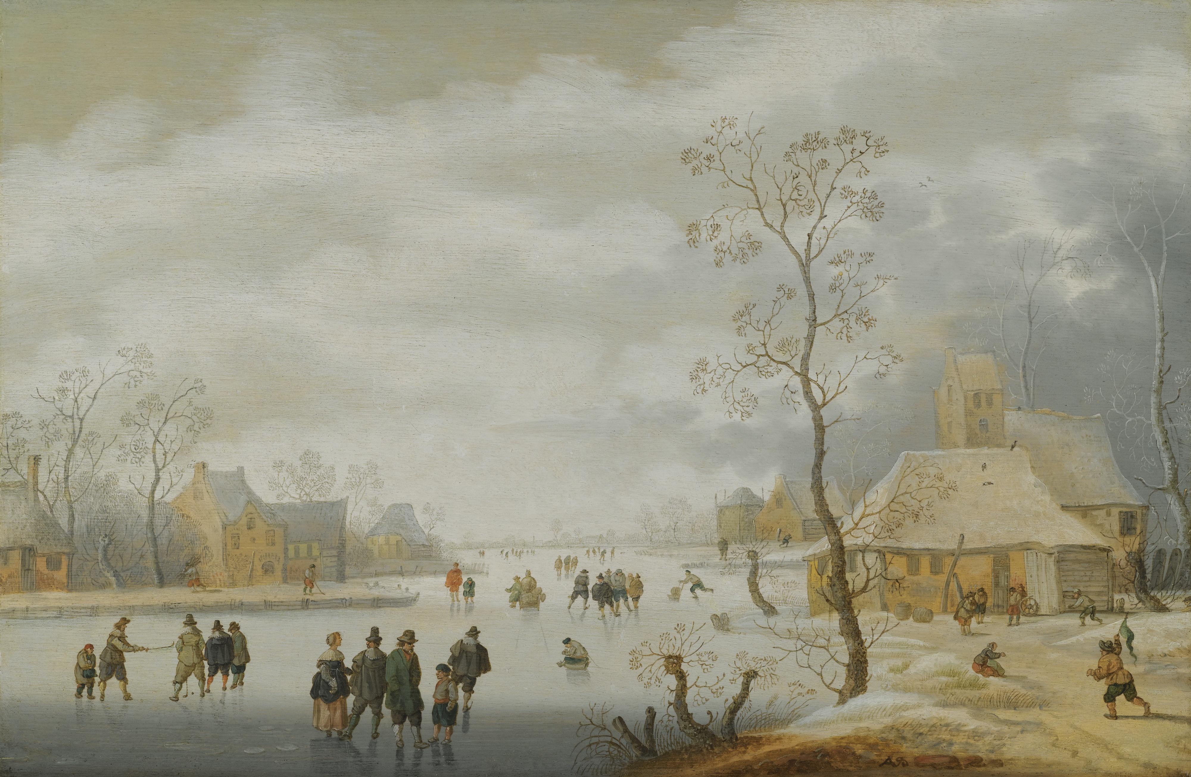 Anthonie Verstraelen - A Winter Landscape With Figures Skating On A Frozen River Beside A Village