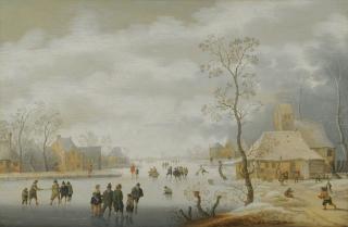 Anthonie Verstraelen - A Winter Landscape With Figures Skating On A Frozen River Beside A Village