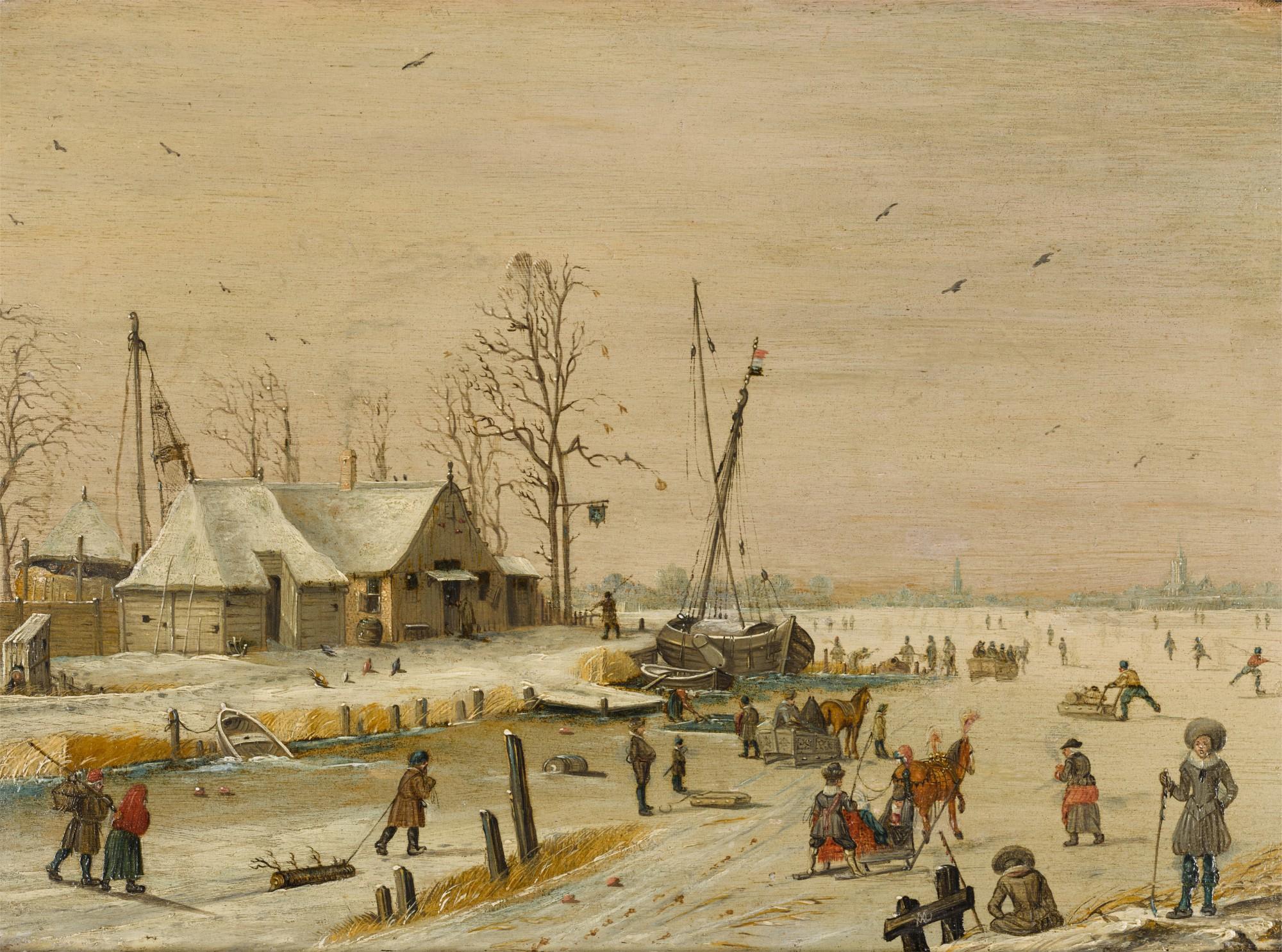 Anthonie Verstraelen - A winter landscape with skaters on a frozen lake by a tavern