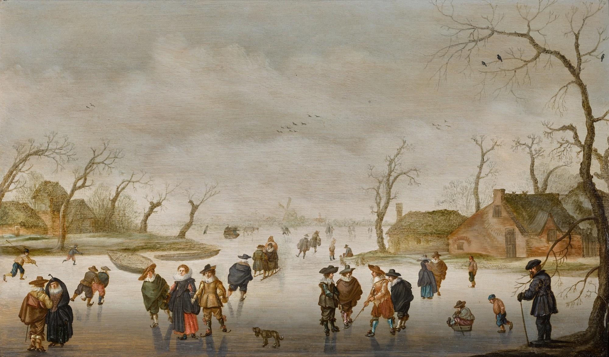 Anthonie Verstraelen - Winter landscape with elegant figures playing kolf and skating on a frozen river