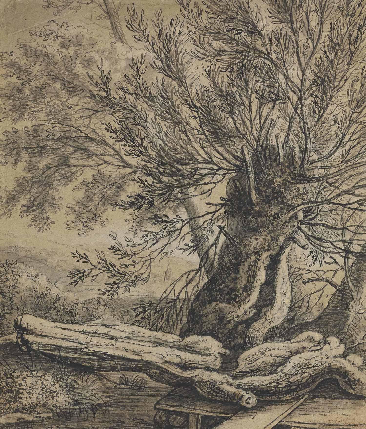 Anthonie Waterloo - A Footbridge Over A Stream, With A Pollard Willow