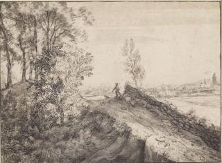 Anthonie Waterloo - A Man And A Dog On A Path In A Wooded Pastoral Landscape