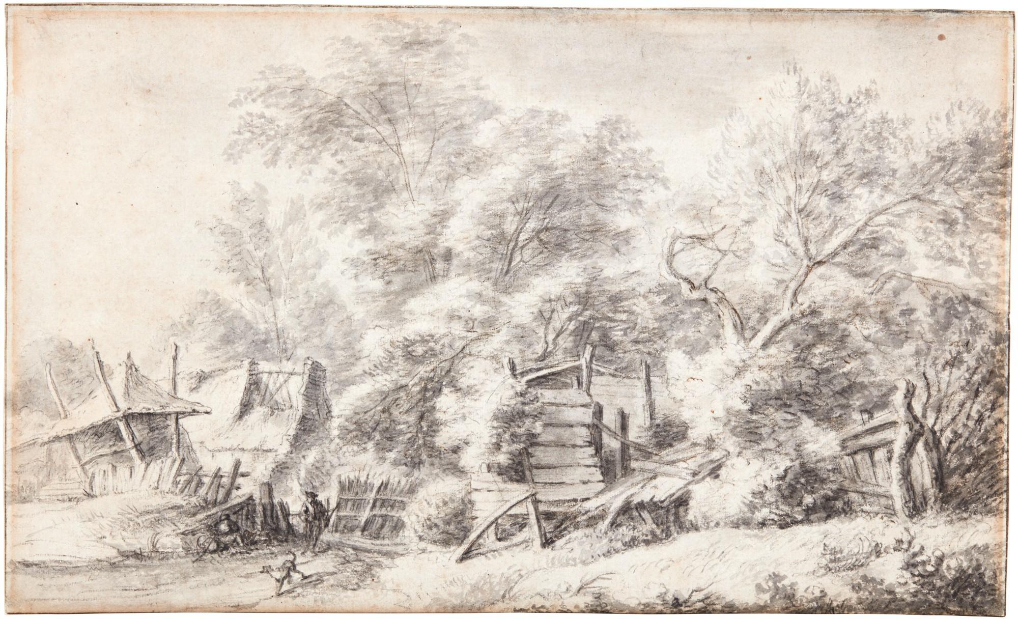 Anthonie Waterloo - A Man And Dog By Ramshackle Farm Buildings, At The Edge Of Woods