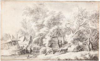 Anthonie Waterloo - A Man And Dog By Ramshackle Farm Buildings, At The Edge Of Woods