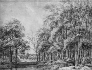 Anthonie Waterloo - A pond on the margin of a wood, with buildings by a pool beyond