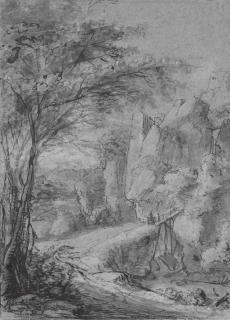 Anthonie Waterloo - A rocky landscape with figures crossing a bridge
