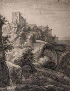 Anthonie Waterloo - A walled town in a rocky wooded landscape with a waterfall nearby