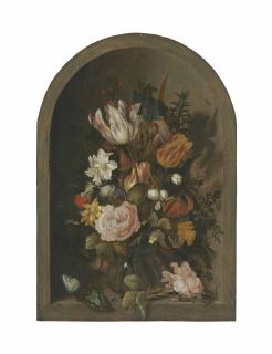 Anthony Claesz. II - Roses, Tulips, And Other Flowers In A Glass Vase With Insects And A Lizard In A Stone Niche