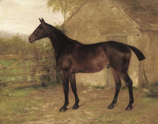 Anthony De Bree - A liver chestnut hunter in a stable yard