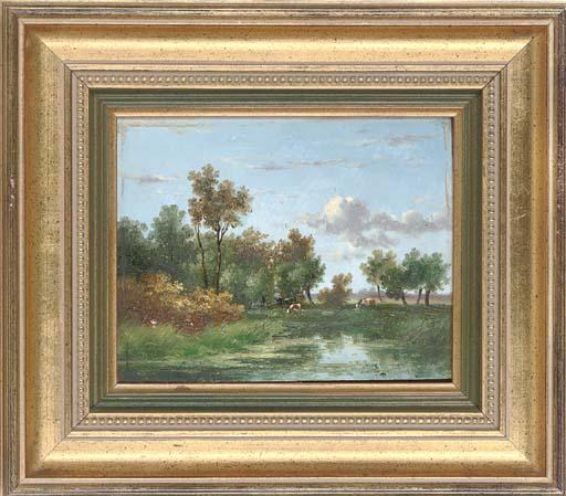 Anthony de Bree - Cattle grazing beside a river; and Travellers on a wooded track, a town beyond