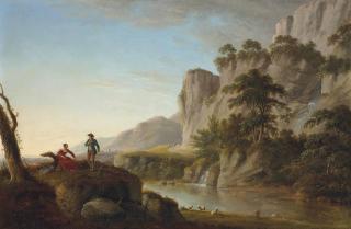 Anthony Devis - A pastoral river landscape with an elegant couple conversing