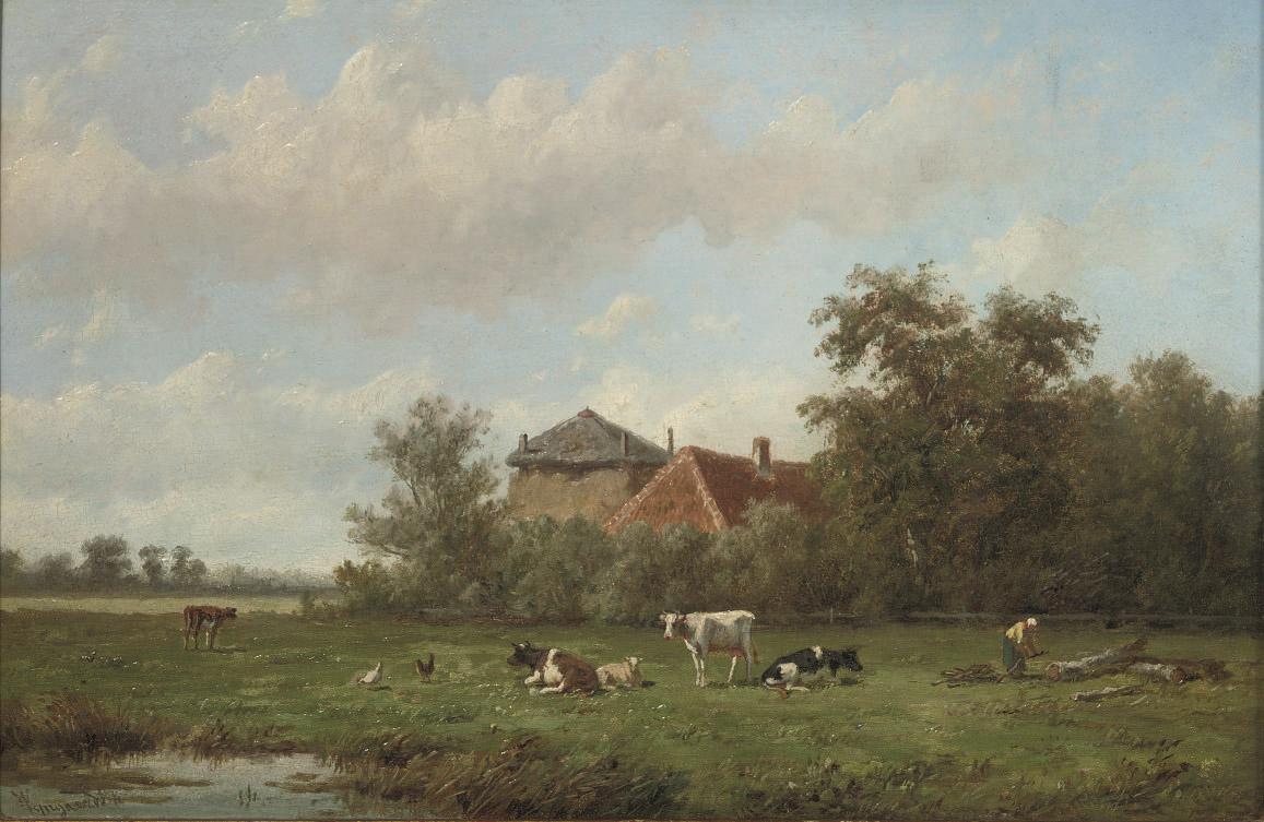 Anthony Jacobus van Wijngaerdt - Cattle grazing with a farmstead beyond