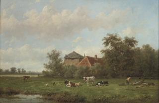 Anthony Jacobus van Wijngaerdt - Cattle grazing with a farmstead beyond
