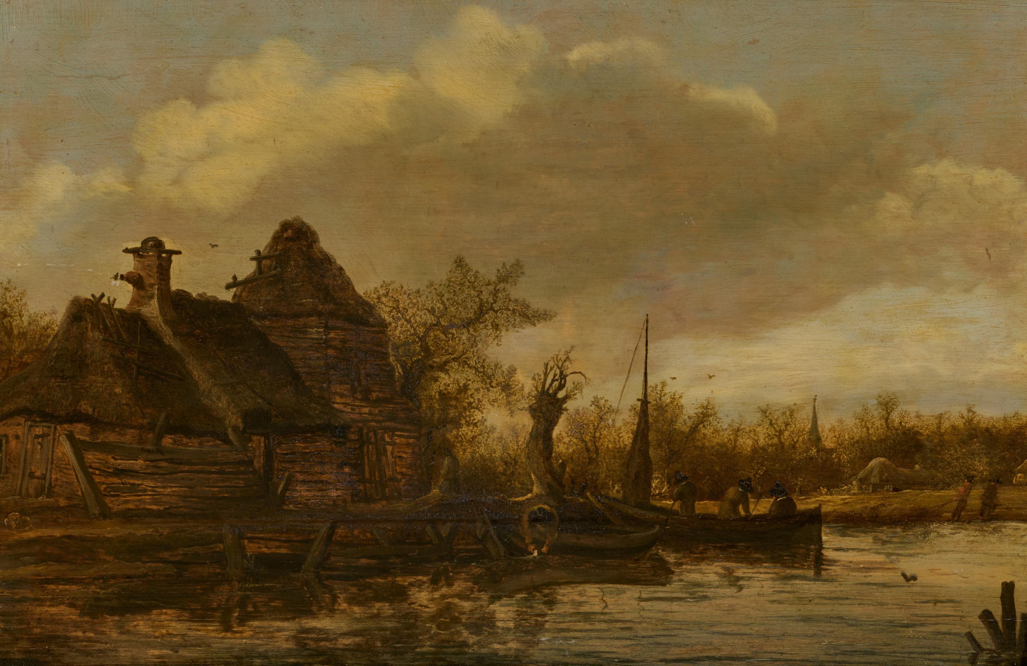 Anthony Jansz van der Croos - Holländische Fischerkate am Kanal. Auf dem Wasser Männer in ihren Booten.