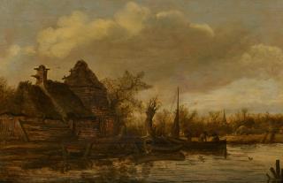 Anthony Jansz van der Croos - Holländische Fischerkate am Kanal. Auf dem Wasser Männer in ihren Booten.