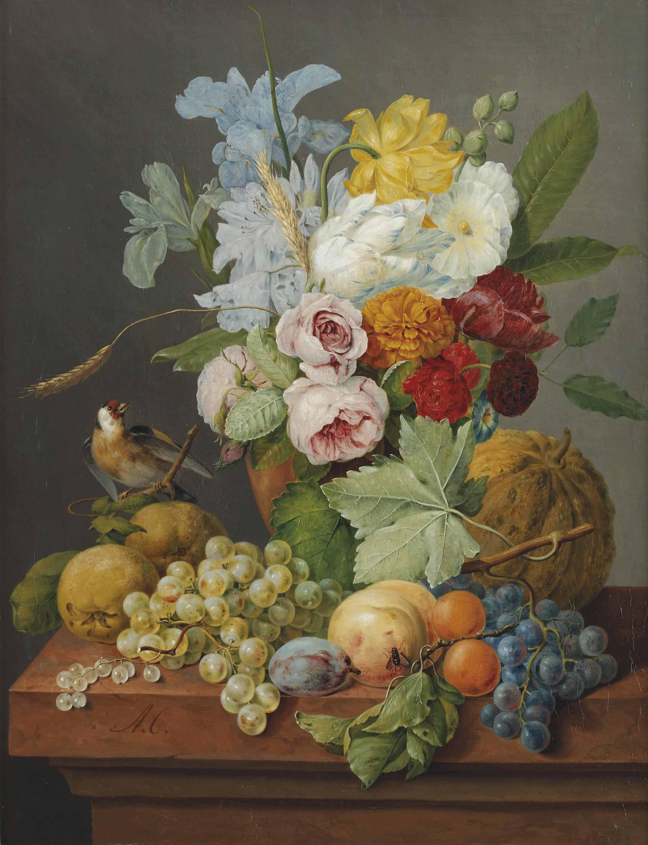 Anthony Oberman - An abundant bouquet of pink roses, tulips, irises and rhododendrons in a vase with a goldfinch and fruits