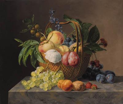 Anthony Oberman - Grapes, apples, cherries, a quince, gooseberries, plums, a poppy and other flowers in a basket, and a walnut, strawberries, a marigold, plums, apricots and grapes on a marble ledge