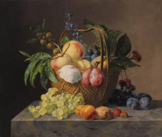 Anthony Oberman - Grapes, apples, cherries, a quince, gooseberries, plums, a poppy and other flowers in a basket, and a walnut, strawberries, a marigold, plums, apricots and grapes on a marble ledge