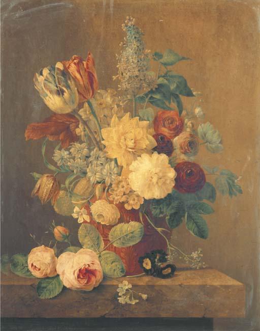Anthony Oberman - Parrot tulips,  roses, morning glory, narcissi and other flowers in a terracotta pot on a marble ledge