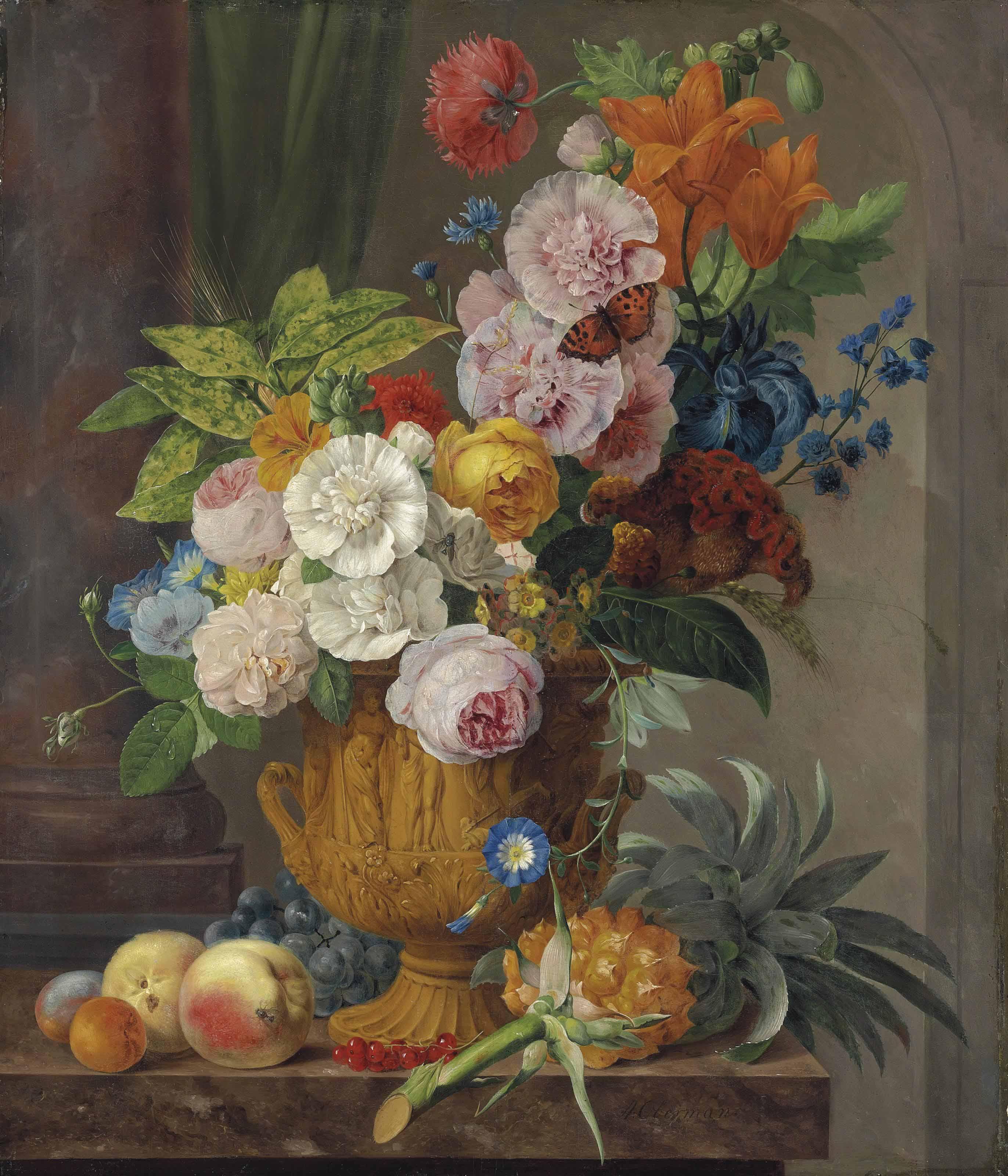 Anthony Oberman - Roses, lilies, a sheaf of wheat, morning glories and other flowers in a sculpted urn, with a pineapple, red gooseberries, grapes, peaches and apricots on a marble ledge