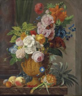 Anthony Oberman - Roses, lilies, a sheaf of wheat, morning glories and other flowers in a sculpted urn, with a pineapple, red gooseberries, grapes, peaches and apricots on a marble ledge