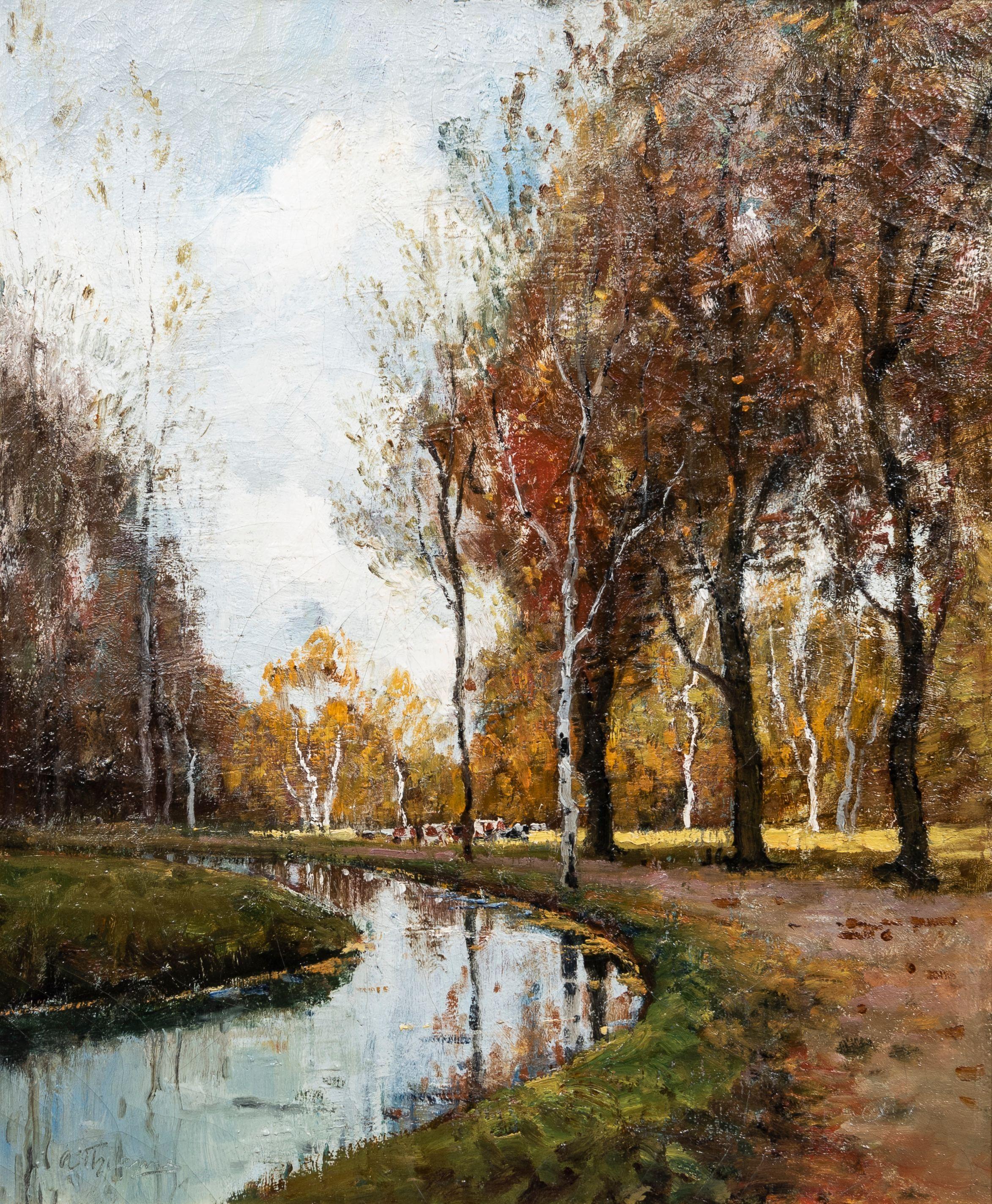Anthony Thieme - Autumn Scene with Cows by the Banks of a Stream