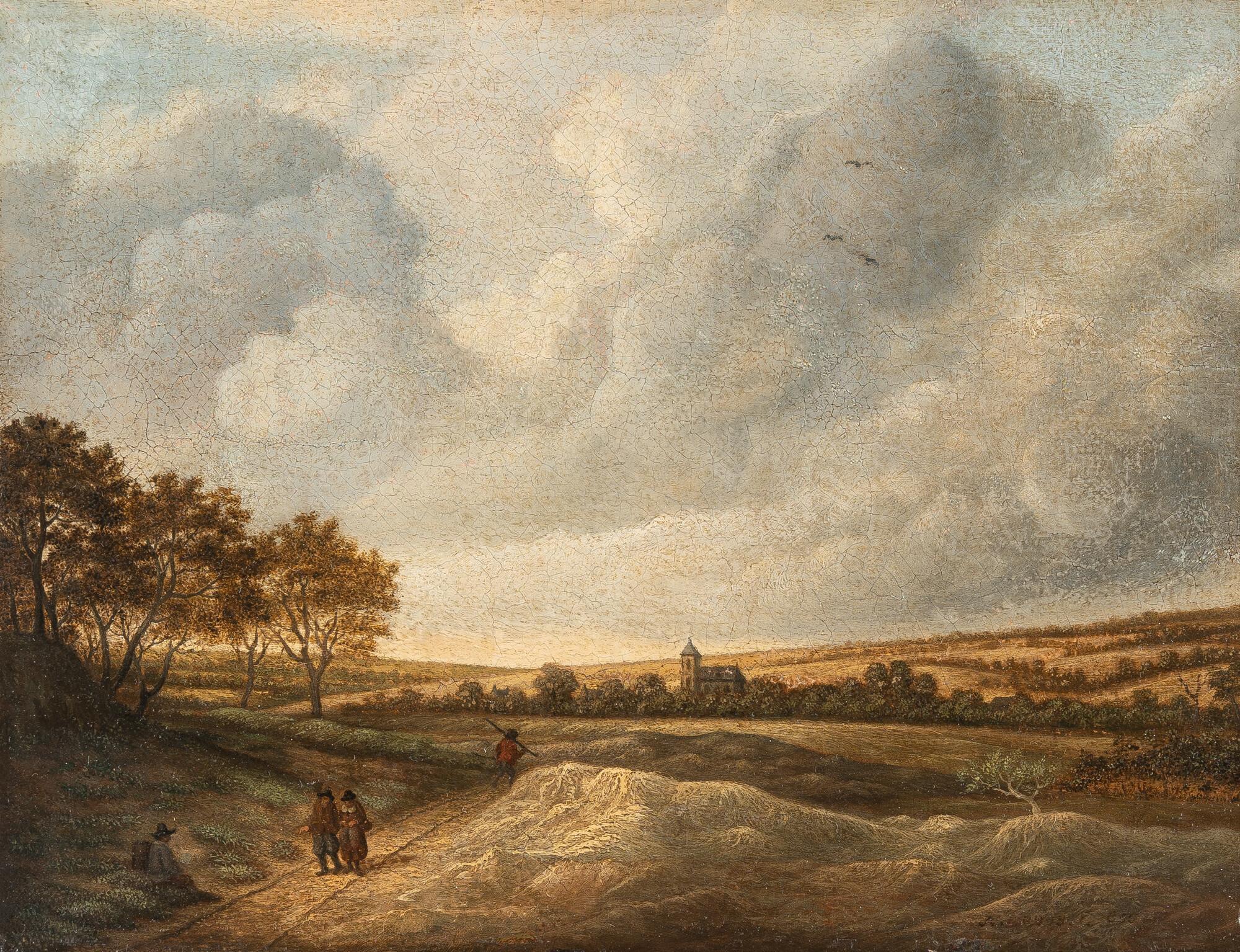Anthony van der Croos - Weite Landschaft mit Kirche und Wanderern