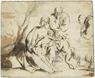 Anthony Van Dyck - The Holy Family with the infant Saint John Baptist adored by a saint or patron (recto); A group of standing men in robes (verso)