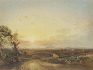 Anthony Vandyke Copley Fielding, P.O.W.S. - A drover herding his cattle through a field at sunset, Pevensey Castle beyond, East Sussex