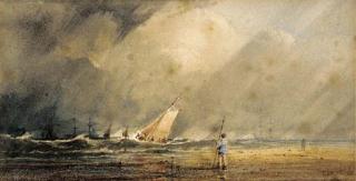 Anthony Vandyke Copley Fielding, P.O.W.S. - A figure standing on a beach with shipping beyond