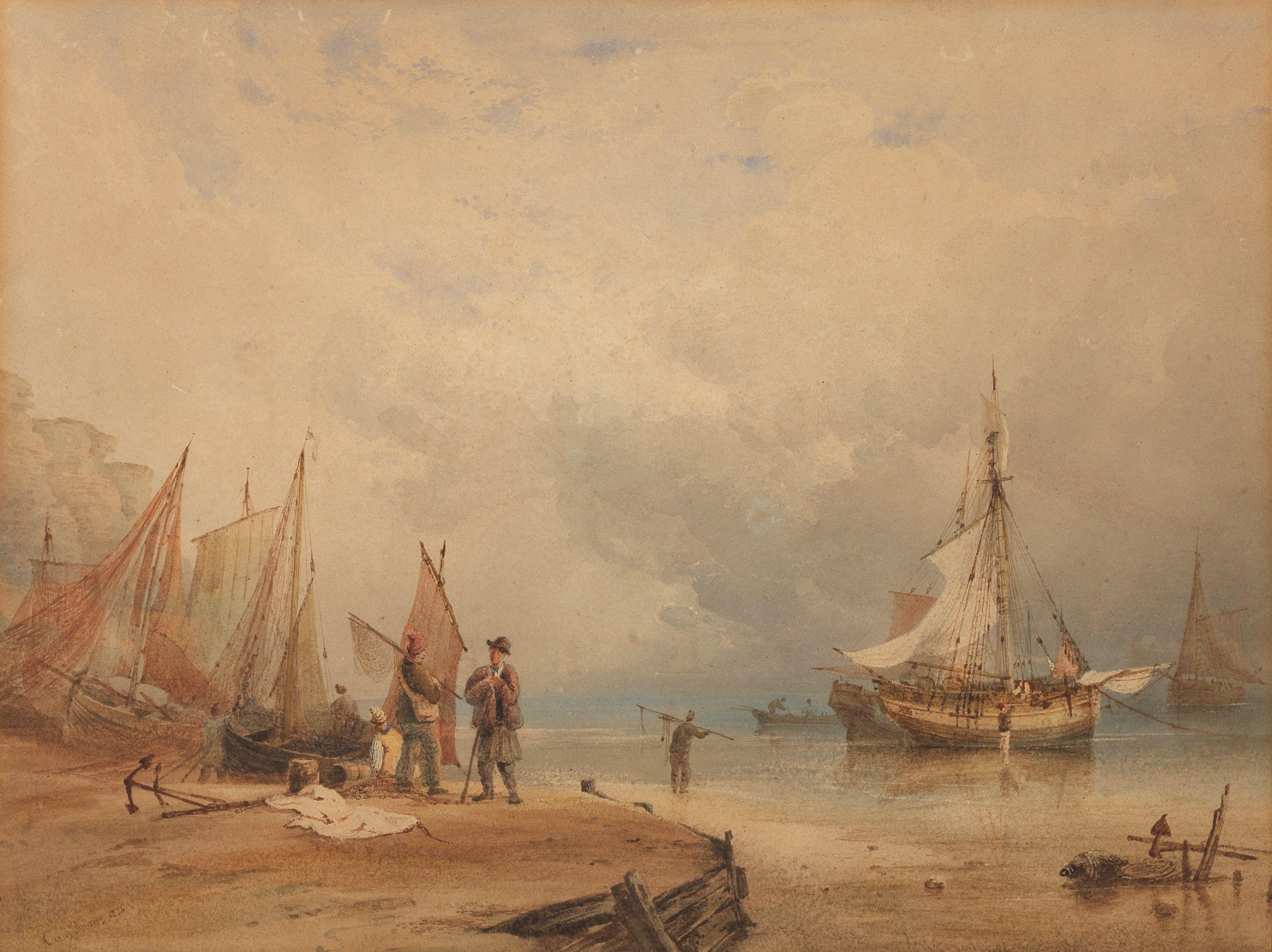 Anthony Vandyke Copley Fielding, P.O.W.S. - Beach scene with boats moored at low tide