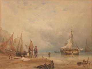 Anthony Vandyke Copley Fielding, P.O.W.S. - Beach scene with boats moored at low tide