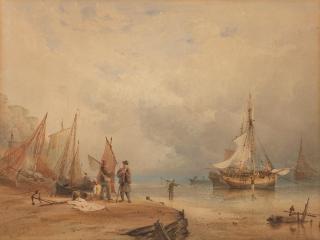 Anthony Vandyke Copley Fielding, P.O.W.S. - Beach scene with boats moored at low tide