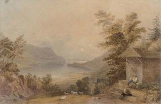 Anthony Vandyke Copley Fielding, P.O.W.S. - Figures conversing in a mountainous lake landscape
