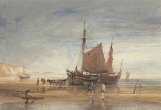 Anthony Vandyke Copley Fielding, P.O.W.S. - Fishing boats and shrimpers on the shore, Dover