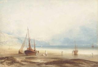 Anthony Vandyke Copley Fielding, P.O.W.S. - Fishing boats hauled up on the beach at low tide