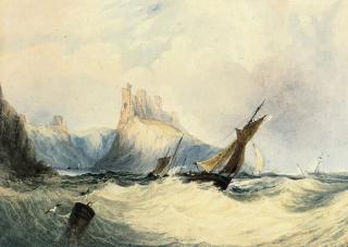 Anthony Vandyke Copley Fielding, P.O.W.S. - Fishing boats in a heavy swell off Lindisfarne Castle, Holy Island