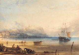 Anthony Vandyke Copley Fielding, P.O.W.S. - Scarborough, with a boat being vitalled in the harbour
