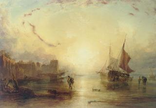 Anthony Vandyke Copley Fielding, P.O.W.S. - Unloading the catch at dusk off a fortified port