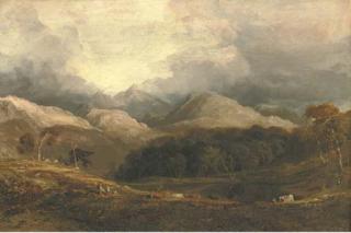 Anthony Vandyke Copley Fielding - View From Pont Aberglaslyn Looking West Towards Moel Hebog And The Aberglaslyn Woods, Caernarvanshire, North Wales, With Figures And Cattle In The Foreground