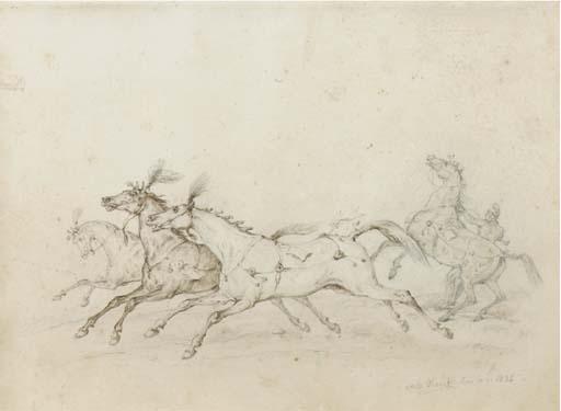 Antione Charles Horace Vernet - Three Circus Horses At The Gallop, A Fourth Restrained By A Groom