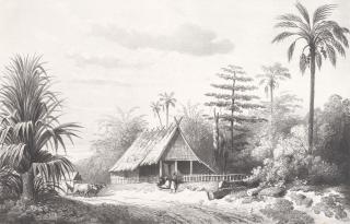 Antoine A.J. Payen - Group of 11 views of Java, Indonesia lithographs by P.J. Lauters after Payen, 2 partially hand-coloured, cut to size and tipped onto paper at corners, Leiden/Amsterdam, c.1838