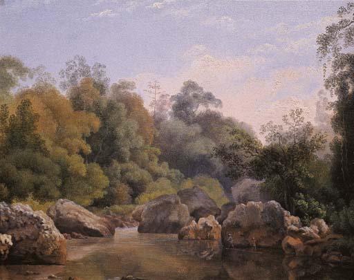 Antoine A. J. Payen - The River Citarum, Priangan (West-Java), With Figures On A Tree Trunk-Raft