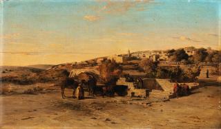 Antoine Alphonse Montfort - A view of Nazareth with Camel drivers