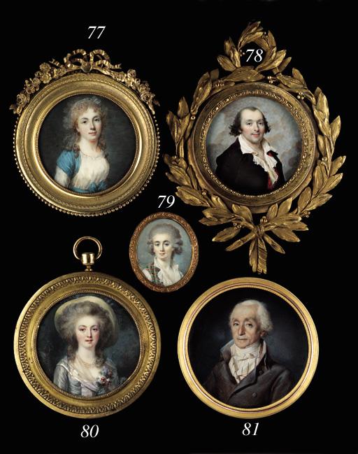 Antoine Berjon - A gentleman, facing left in dark brown coat, brown and white striped waistcoat and white cravat, powdered hair